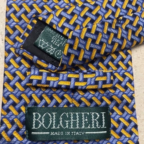 Bolgheri 100% Silk Mens Neck Tie; Made in Italy; Blue/Yellow Basketweave Pattern - Picture 3 of 9